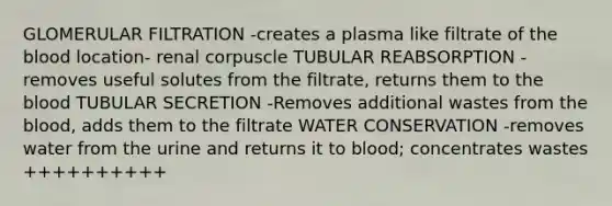 GLOMERULAR FILTRATION -creates a plasma like filtrate of the blood location- renal corpuscle TUBULAR REABSORPTION -removes useful solutes from the filtrate, returns them to the blood TUBULAR SECRETION -Removes additional wastes from the blood, adds them to the filtrate WATER CONSERVATION -removes water from the urine and returns it to blood; concentrates wastes ++++++++++