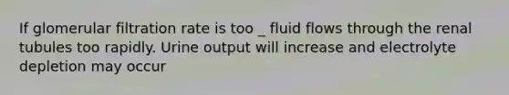 If glomerular filtration rate is too _ fluid flows through the renal tubules too rapidly. Urine output will increase and electrolyte depletion may occur