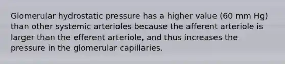 Glomerular hydrostatic pressure has a higher value (60 mm Hg) than other systemic arterioles because the afferent arteriole is larger than the efferent arteriole, and thus increases the pressure in the glomerular capillaries.