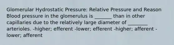 Glomerular Hydrostatic Pressure: Relative Pressure and Reason Blood pressure in the glomerulus is _______ than in other capillaries due to the relatively large diameter of ________ arterioles. -higher; efferent -lower; efferent -higher; afferent -lower; afferent