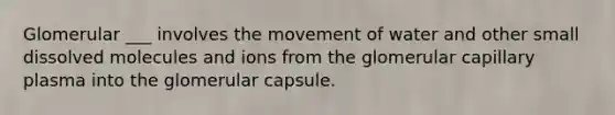 Glomerular ___ involves the movement of water and other small dissolved molecules and ions from the glomerular capillary plasma into the glomerular capsule.