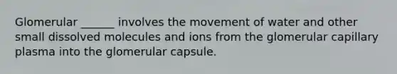 Glomerular ______ involves the movement of water and other small dissolved molecules and ions from the glomerular capillary plasma into the glomerular capsule.