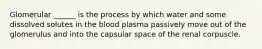 Glomerular ______ is the process by which water and some dissolved solutes in the blood plasma passively move out of the glomerulus and into the capsular space of the renal corpuscle.