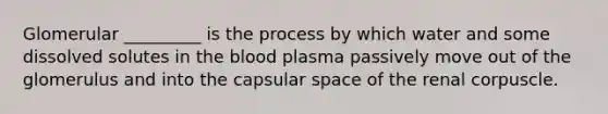 Glomerular _________ is the process by which water and some dissolved solutes in the blood plasma passively move out of the glomerulus and into the capsular space of the renal corpuscle.