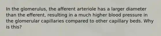 In the glomerulus, the afferent arteriole has a larger diameter than the efferent, resulting in a much higher blood pressure in the glomerular capillaries compared to other capillary beds. Why is this?