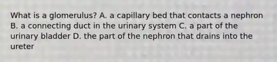 What is a glomerulus? A. a capillary bed that contacts a nephron B. a connecting duct in the urinary system C. a part of the <a href='https://www.questionai.com/knowledge/kb9SdfFdD9-urinary-bladder' class='anchor-knowledge'>urinary bladder</a> D. the part of the nephron that drains into the ureter