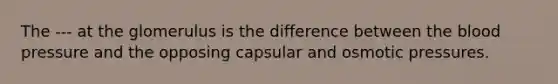 The --- at the glomerulus is the difference between the blood pressure and the opposing capsular and osmotic pressures.