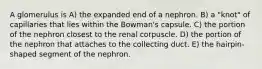 A glomerulus is A) the expanded end of a nephron. B) a "knot" of capillaries that lies within the Bowman's capsule. C) the portion of the nephron closest to the renal corpuscle. D) the portion of the nephron that attaches to the collecting duct. E) the hairpin-shaped segment of the nephron.