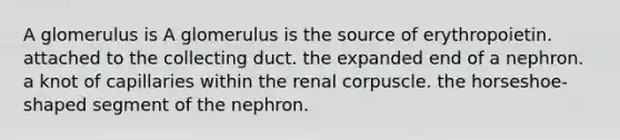 A glomerulus is A glomerulus is the source of erythropoietin. attached to the collecting duct. the expanded end of a nephron. a knot of capillaries within the renal corpuscle. the horseshoe-shaped segment of the nephron.