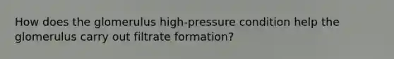 How does the glomerulus high-pressure condition help the glomerulus carry out filtrate formation?