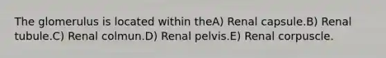 The glomerulus is located within theA) Renal capsule.B) Renal tubule.C) Renal colmun.D) Renal pelvis.E) Renal corpuscle.