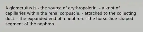 A glomerulus is - the source of erythropoietin. - a knot of capillaries within the renal corpuscle. - attached to the collecting duct. - the expanded end of a nephron. - the horseshoe-shaped segment of the nephron.