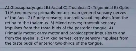 A) Glossopharyngeal B) Facial C) Trochlear D) Trigeminal E) Optic 1) Mixed nerves; primarily motor; main general sensory nerves of the face. 2) Purely sensory; transmit visual impulses from the retina to the thalamus. 3) Mixed nerves; transmit sensory impulses from the taste buds of the posterior tongue. 4) Primarily motor; carry motor and propioceptor impusles to and from the eyeballs. 5) Mixed nerves; carry sensory impulses from the taste buds of anterior two-thirds of the tongue.