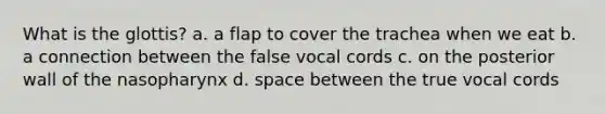 What is the glottis? a. a flap to cover the trachea when we eat b. a connection between the false vocal cords c. on the posterior wall of the nasopharynx d. space between the true vocal cords