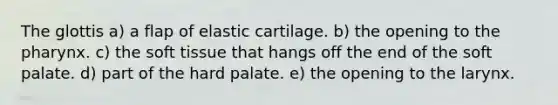 The glottis a) a flap of elastic cartilage. b) the opening to <a href='https://www.questionai.com/knowledge/ktW97n6hGJ-the-pharynx' class='anchor-knowledge'>the pharynx</a>. c) the soft tissue that hangs off the end of the soft palate. d) part of the hard palate. e) the opening to the larynx.