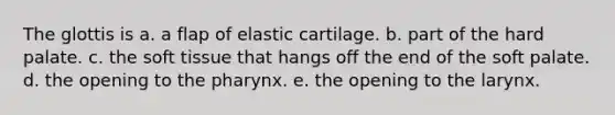 The glottis is a. a flap of elastic cartilage. b. part of the hard palate. c. the soft tissue that hangs off the end of the soft palate. d. the opening to the pharynx. e. the opening to the larynx.