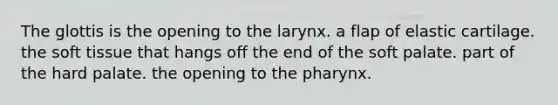 The glottis is the opening to the larynx. a flap of elastic cartilage. the soft tissue that hangs off the end of the soft palate. part of the hard palate. the opening to the pharynx.