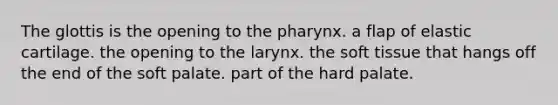 The glottis is the opening to <a href='https://www.questionai.com/knowledge/ktW97n6hGJ-the-pharynx' class='anchor-knowledge'>the pharynx</a>. a flap of elastic cartilage. the opening to the larynx. the soft tissue that hangs off the end of the soft palate. part of the hard palate.