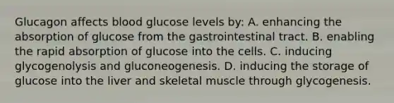 Glucagon affects blood glucose levels​ by: A. enhancing the absorption of glucose from the gastrointestinal tract. B. enabling the rapid absorption of glucose into the cells. C. inducing glycogenolysis and gluconeogenesis. D. inducing the storage of glucose into the liver and skeletal muscle through glycogenesis.