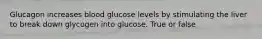 Glucagon increases blood glucose levels by stimulating the liver to break down glycogen into glucose. True or false