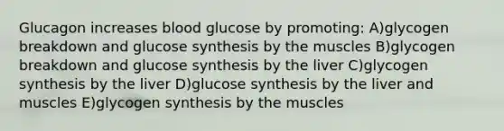 Glucagon increases blood glucose by promoting: A)glycogen breakdown and glucose synthesis by the muscles B)glycogen breakdown and glucose synthesis by the liver C)glycogen synthesis by the liver D)glucose synthesis by the liver and muscles E)glycogen synthesis by the muscles