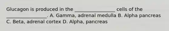 Glucagon is produced in the _________________ cells of the _________________. A. Gamma, adrenal medulla B. Alpha pancreas C. Beta, adrenal cortex D. Alpha, pancreas