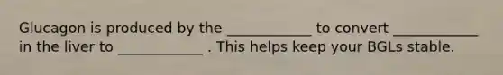 Glucagon is produced by the ____________ to convert ____________ in the liver to ____________ . This helps keep your BGLs stable.