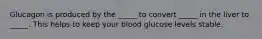 Glucagon is produced by the _____ to convert _____ in the liver to _____. This helps to keep your blood glucose levels stable.