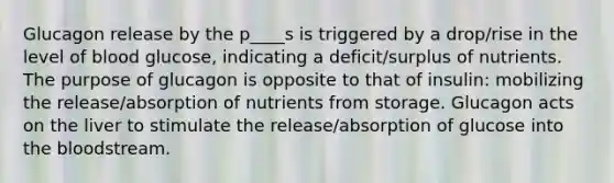 Glucagon release by the p____s is triggered by a drop/rise in the level of blood glucose, indicating a deficit/surplus of nutrients. The purpose of glucagon is opposite to that of insulin: mobilizing the release/absorption of nutrients from storage. Glucagon acts on the liver to stimulate the release/absorption of glucose into the bloodstream.