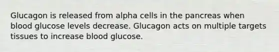 Glucagon is released from alpha cells in the pancreas when blood glucose levels decrease. Glucagon acts on multiple targets tissues to increase blood glucose.