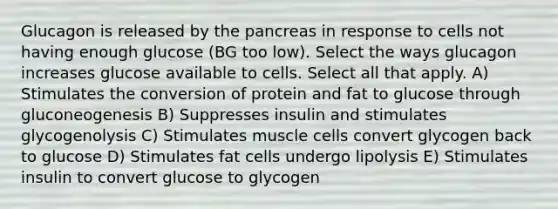 Glucagon is released by the pancreas in response to cells not having enough glucose (BG too low). Select the ways glucagon increases glucose available to cells. Select all that apply. A) Stimulates the conversion of protein and fat to glucose through gluconeogenesis B) Suppresses insulin and stimulates glycogenolysis C) Stimulates muscle cells convert glycogen back to glucose D) Stimulates fat cells undergo lipolysis E) Stimulates insulin to convert glucose to glycogen