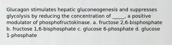 Glucagon stimulates hepatic gluconeogenesis and suppresses glycolysis by reducing the concentration of _____, a positive modulator of phosphofructokinase. a. fructose 2,6-bisphosphate b. fructose 1,6-bisphosphate c. glucose 6-phosphate d. glucose 1-phosphate