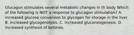 Glucagon stimulates several metabolic changes in th body Which of the following is NOT a response to glucagon stimulation? A. increased glucose conversion to glycogen for storage in the liver. B. increased glycogenolysis. C. increased gluconeogenesis. D. increased synthesis of ketones.