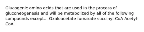 Glucogenic amino acids that are used in the process of gluconeogenesis and will be metabolized by all of the following compounds except... Oxaloacetate fumarate succinyl-CoA Acetyl-CoA