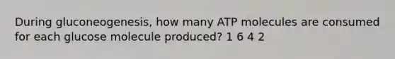 During gluconeogenesis, how many ATP molecules are consumed for each glucose molecule produced? 1 6 4 2