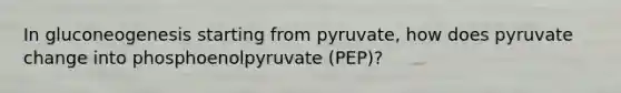 In gluconeogenesis starting from pyruvate, how does pyruvate change into phosphoenolpyruvate (PEP)?