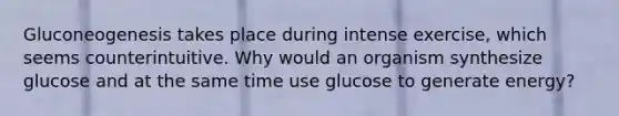 Gluconeogenesis takes place during intense exercise, which seems counterintuitive. Why would an organism synthesize glucose and at the same time use glucose to generate energy?