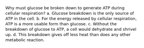 Why must glucose be broken down to generate ATP during cellular respiration? a. Glucose breakdown is the only source of ATP in the cell. b. For the energy released by cellular respiration, ATP is a more usable form than glucose. c. Without the breakdown of glucose to ATP, a cell would dehydrate and shrivel up. d. This breakdown gives off less heat than does any other metabolic reaction.