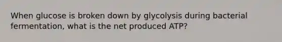 When glucose is broken down by glycolysis during bacterial fermentation, what is the net produced ATP?