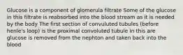 Glucose is a component of glomerula filtrate Some of the glucose in this filtrate is reabsorbed into the blood stream as it is needed by the body The first section of convuluted tubules (before henle's loop) is the proximal convoluted tubule In this are glucose is removed from the nephton and taken back into the blood