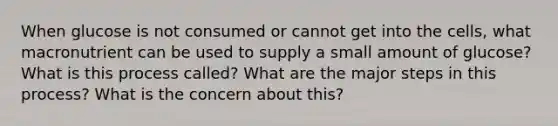 When glucose is not consumed or cannot get into the cells, what macronutrient can be used to supply a small amount of glucose? What is this process called? What are the major steps in this process? What is the concern about this?