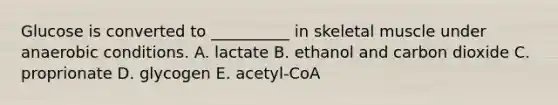 Glucose is converted to __________ in skeletal muscle under anaerobic conditions. A. lactate B. ethanol and carbon dioxide C. proprionate D. glycogen E. acetyl-CoA