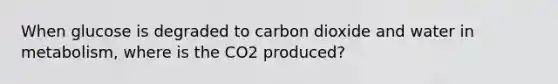 When glucose is degraded to carbon dioxide and water in metabolism, where is the CO2 produced?