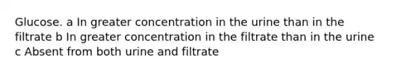 Glucose. a In greater concentration in the urine than in the filtrate b In greater concentration in the filtrate than in the urine c Absent from both urine and filtrate