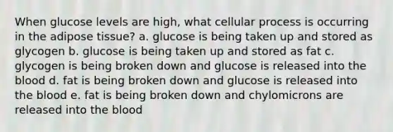 When glucose levels are high, what cellular process is occurring in the adipose tissue? a. glucose is being taken up and stored as glycogen b. glucose is being taken up and stored as fat c. glycogen is being broken down and glucose is released into the blood d. fat is being broken down and glucose is released into the blood e. fat is being broken down and chylomicrons are released into the blood