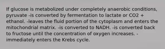 If glucose is metabolized under completely anaerobic conditions, pyruvate -is converted by fermentation to lactate or CO2 + ethanol. -leaves the fluid portion of the cytoplasm and enters the mitochondrial matrix. -is converted to NADH. -is converted back to fructose until the concentration of oxygen increases. -immediately enters the Krebs cycle.