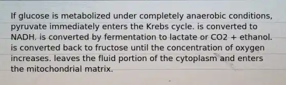 If glucose is metabolized under completely anaerobic conditions, pyruvate immediately enters the Krebs cycle. is converted to NADH. is converted by fermentation to lactate or CO2 + ethanol. is converted back to fructose until the concentration of oxygen increases. leaves the fluid portion of the cytoplasm and enters the mitochondrial matrix.