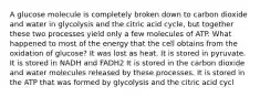 A glucose molecule is completely broken down to carbon dioxide and water in glycolysis and the citric acid cycle, but together these two processes yield only a few molecules of ATP. What happened to most of the energy that the cell obtains from the oxidation of glucose? It was lost as heat. It is stored in pyruvate. It is stored in NADH and FADH2 It is stored in the carbon dioxide and water molecules released by these processes. It is stored in the ATP that was formed by glycolysis and the citric acid cycl