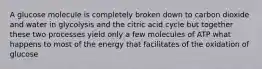 A glucose molecule is completely broken down to carbon dioxide and water in glycolysis and the citric acid cycle but together these two processes yield only a few molecules of ATP what happens to most of the energy that facilitates of the oxidation of glucose