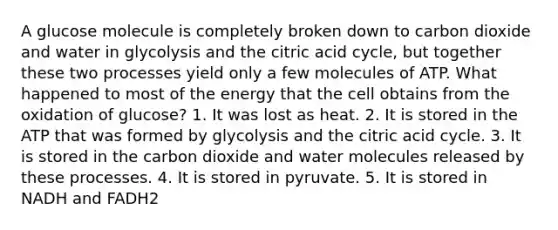 A glucose molecule is completely broken down to carbon dioxide and water in glycolysis and the citric acid cycle, but together these two processes yield only a few molecules of ATP. What happened to most of the energy that the cell obtains from the oxidation of glucose? 1. It was lost as heat. 2. It is stored in the ATP that was formed by glycolysis and the citric acid cycle. 3. It is stored in the carbon dioxide and water molecules released by these processes. 4. It is stored in pyruvate. 5. It is stored in NADH and FADH2